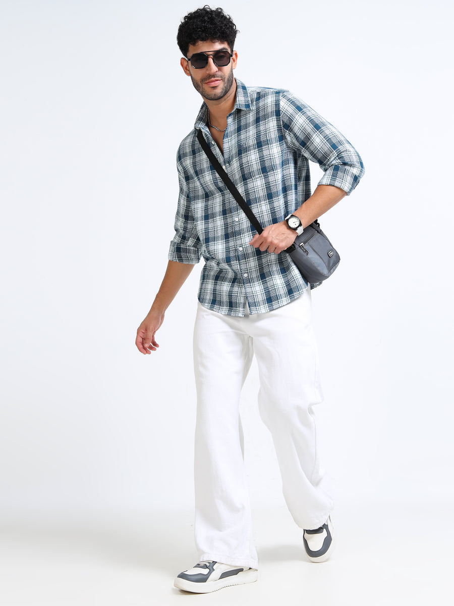 Dark Blue Moss Checks Cotton Blend Shirt