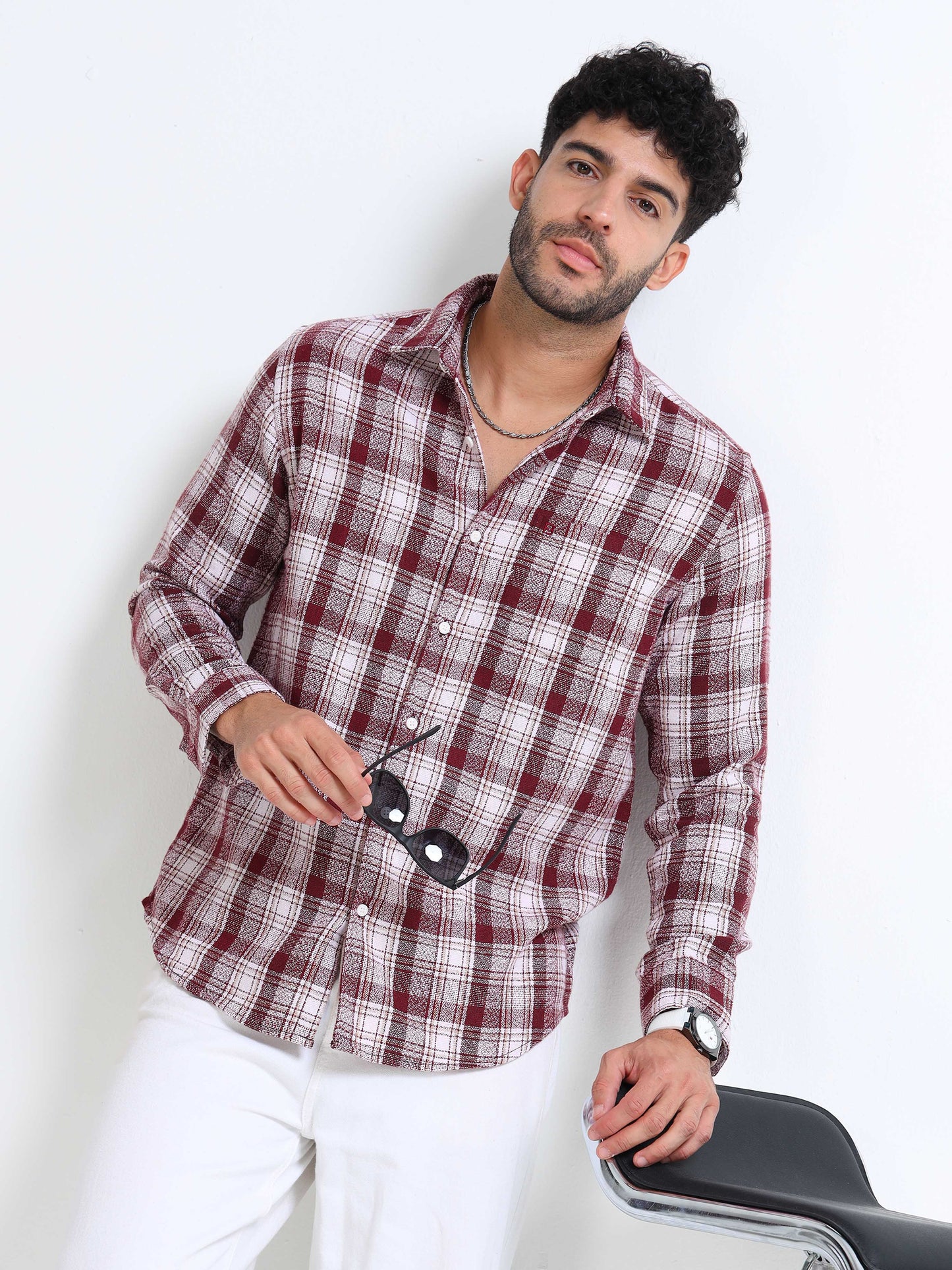 Cherry Moss Checks Cotton Blend Shirt