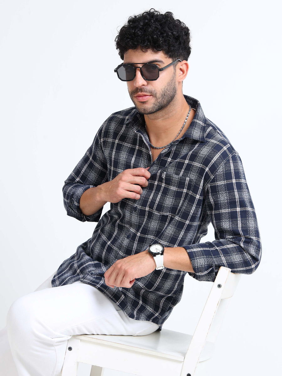 Navy Moss Checks Cotton Blend Shirt