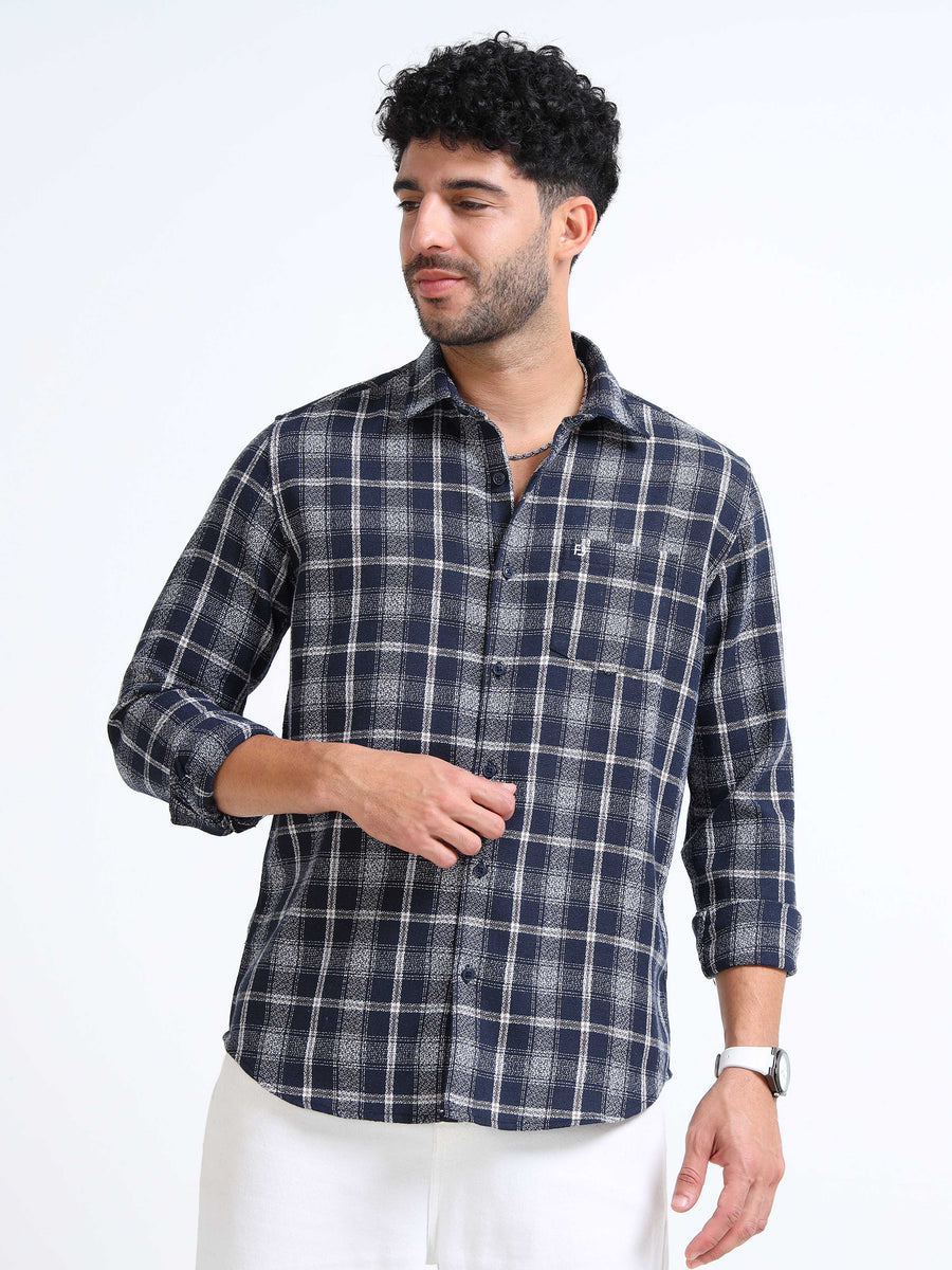 Navy Moss Checks Cotton Blend Shirt
