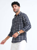 Navy Moss Checks Cotton Blend Shirt