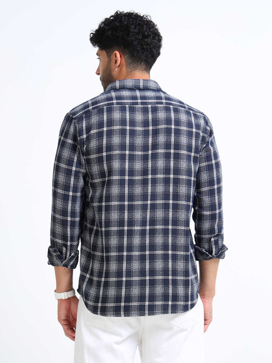 Navy Moss Checks Cotton Blend Shirt