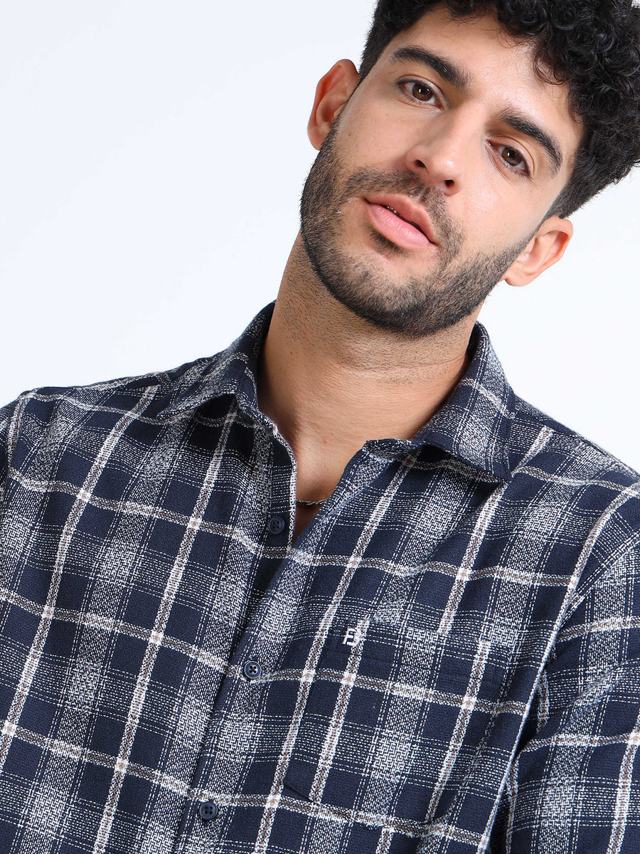 Navy Moss Checks Cotton Blend Shirt