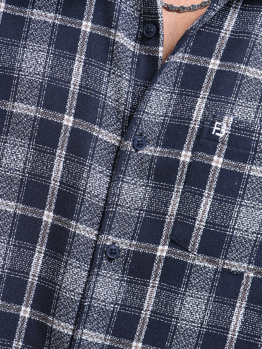 Navy Moss Checks Cotton Blend Shirt