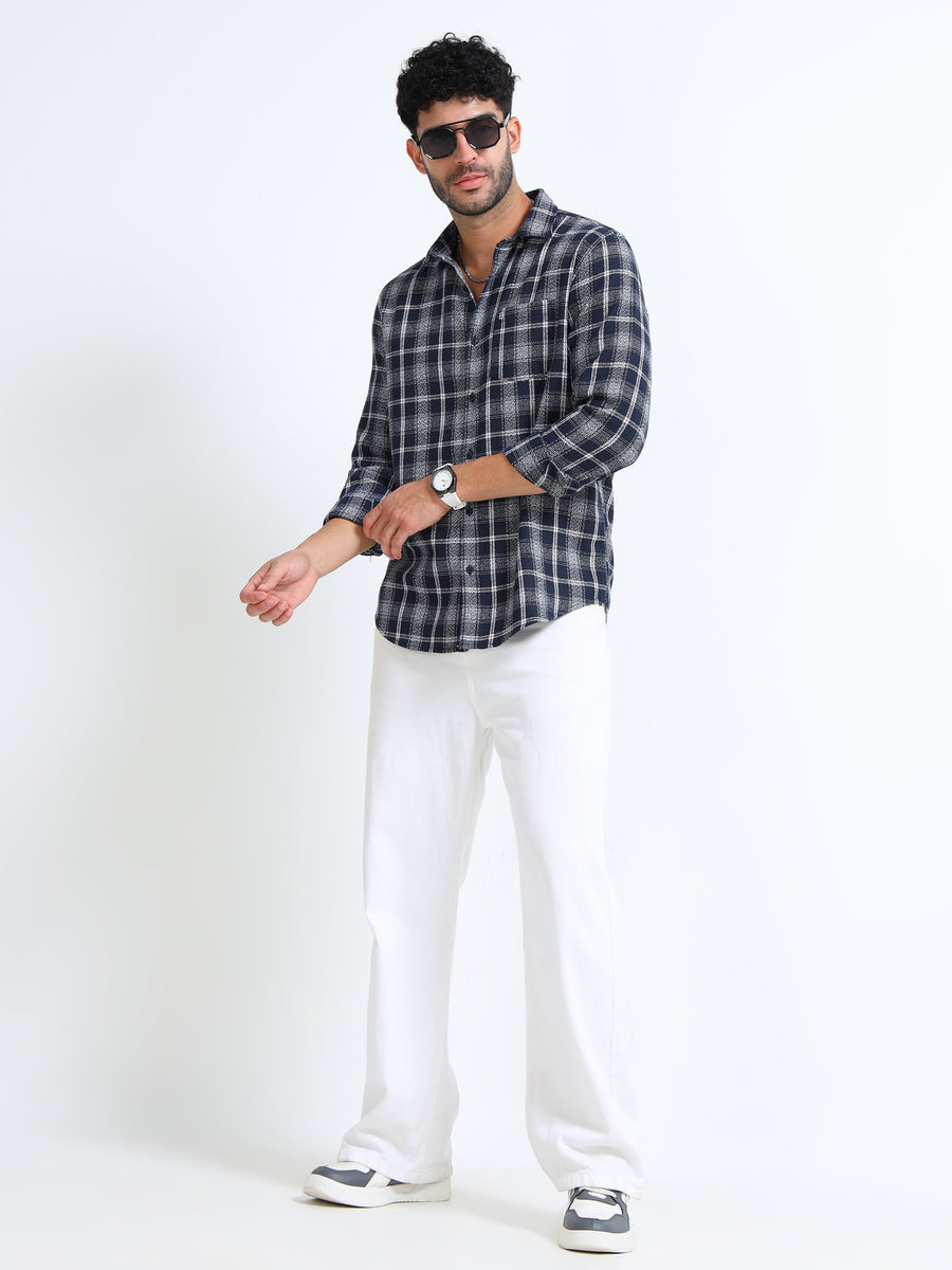 Navy Moss Checks Cotton Blend Shirt