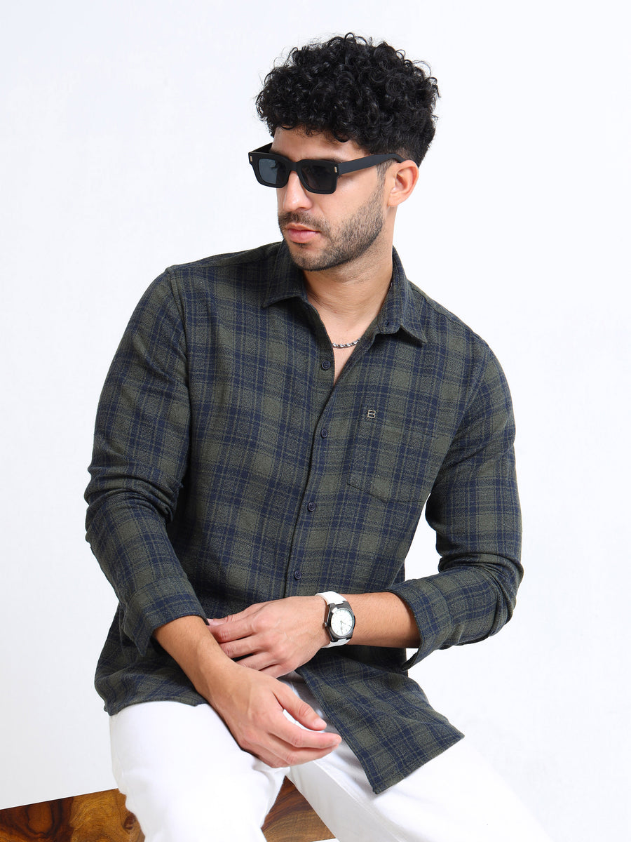 Olive Moss Checks Cotton Blend Shirt