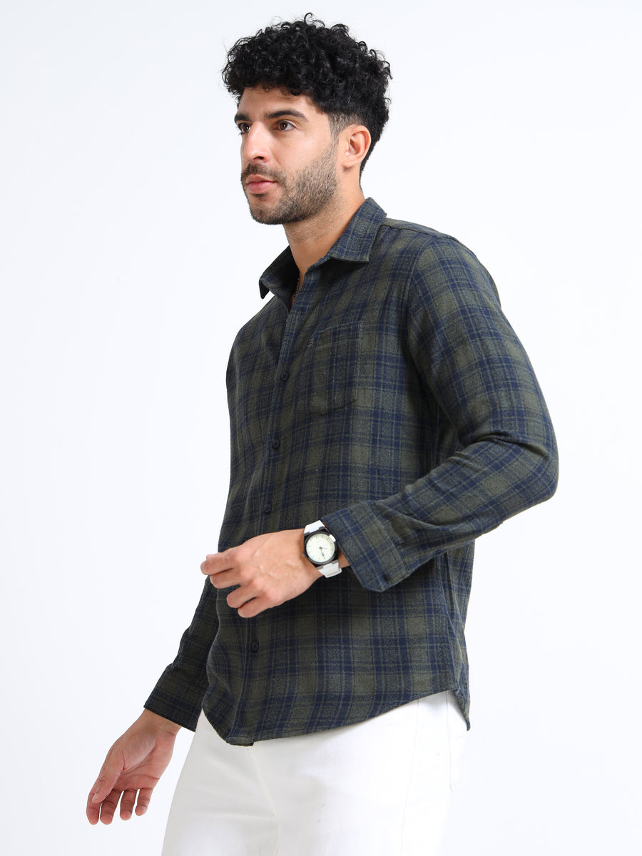 Olive Moss Checks Cotton Blend Shirt