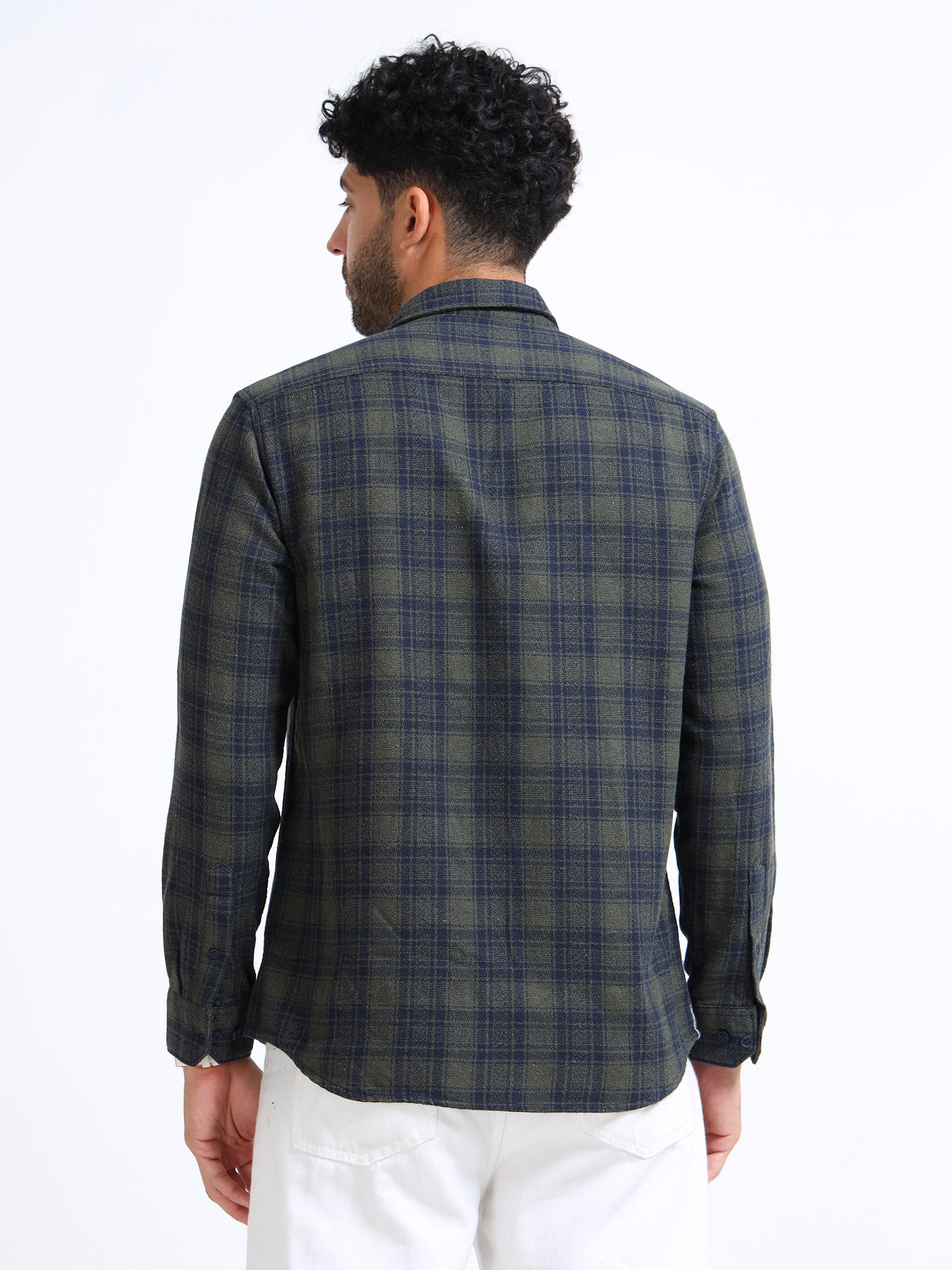 Olive Moss Checks Cotton Blend Shirt