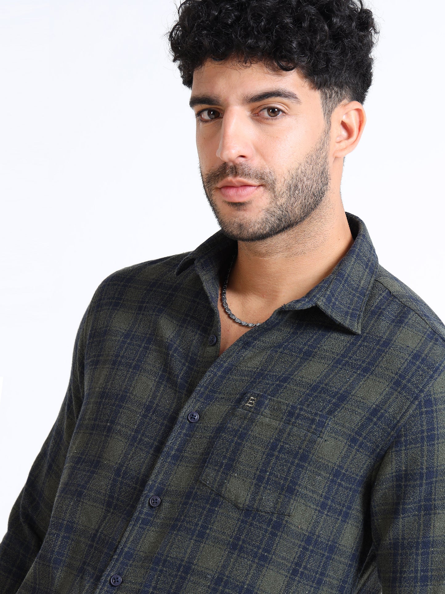 Olive Moss Checks Cotton Blend Shirt
