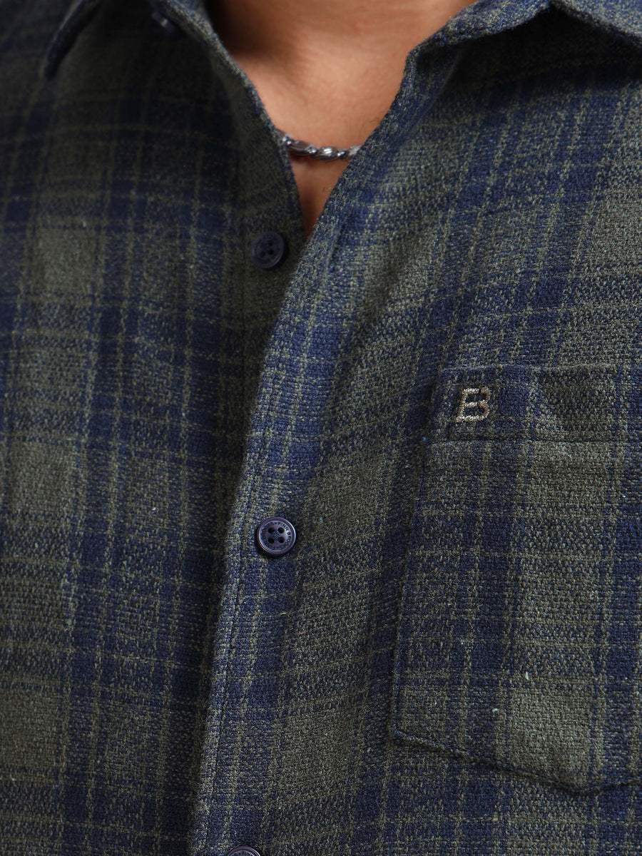 Olive Moss Checks Cotton Blend Shirt