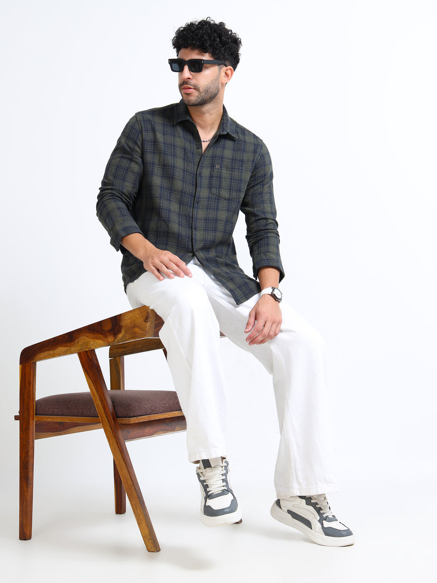 Olive Moss Checks Cotton Blend Shirt