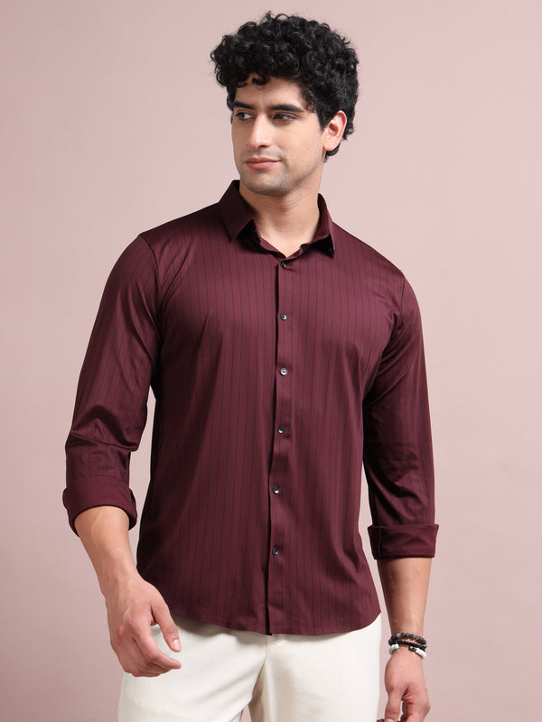 Men's Wine Cotton Blend Full Sleeve Striped Shirt – Premium Casual & Office Wear