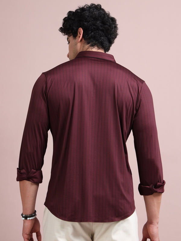 Men's Wine Cotton Blend Full Sleeve Striped Shirt – Premium Casual & Office Wear