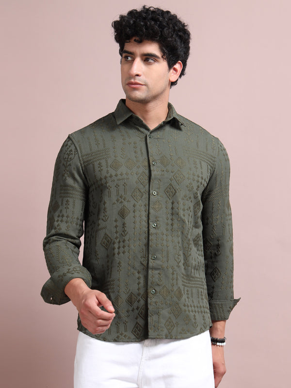 Men's B Green Cotton Blend Full Sleeve Textured Shirt – Premium Casual & Festive Wear