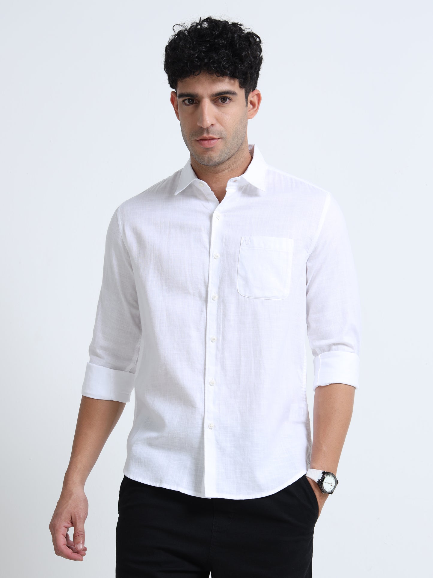 Men's PERAL WHITE Casual Button-Down Shirt for Effortless Style