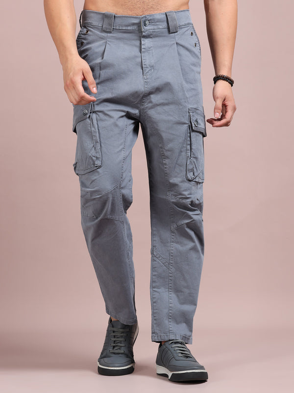 Men's Silver Grey Cargo Pants | Slim Fit Multi-Pocket Utility Trousers