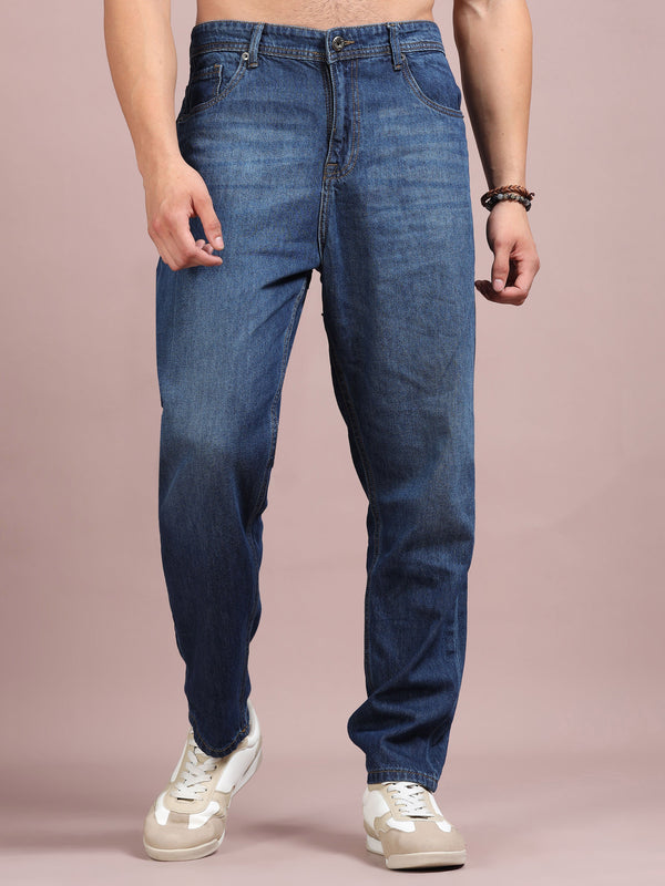 Men's Mid Blue Relaxed Straight Fit Denim Jeans | Comfortable Everyday Wear