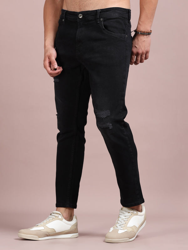 Men's Black Distressed Slim Tapered Jeans | Stretch Denim Casual Everyday Wear