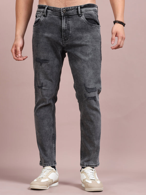 Men's Dark Grey Distressed Straight Fit Jeans | Stretch Denim for Everyday Casual Wear