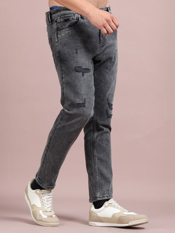 Men's Dark Grey Distressed Straight Fit Jeans | Stretch Denim for Everyday Casual Wear